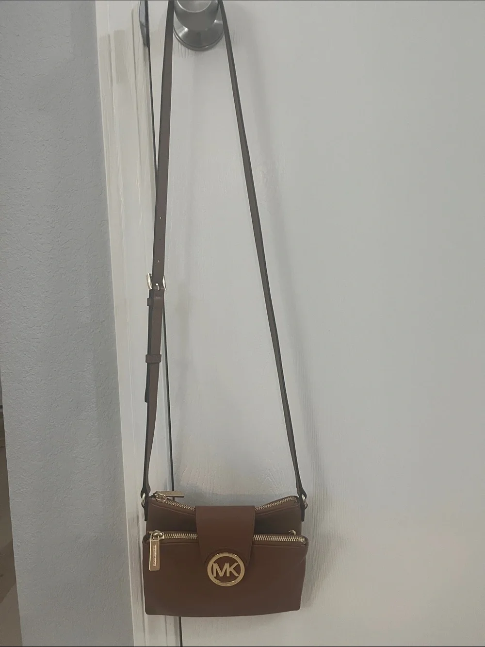 Michael Kors Brown Leather Crossbody with Gold MK Emblem